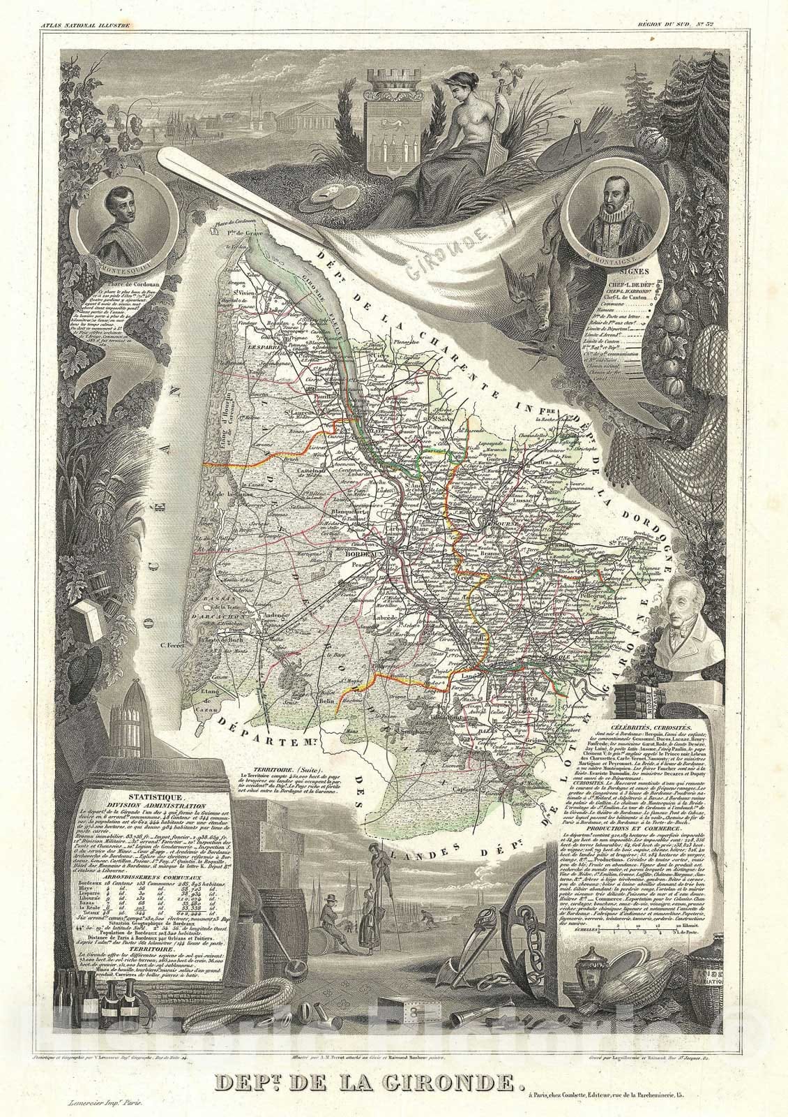 Historic Map : Gironde "Bordeaux Wine Region", Levasseur, 1852, Vintage Wall Art