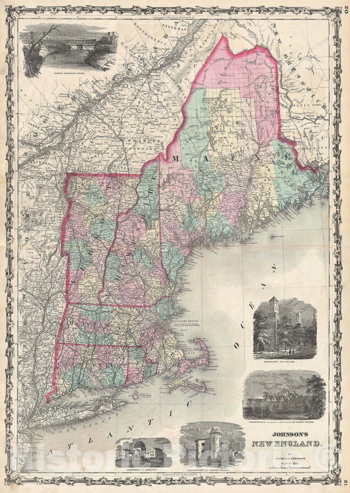Historic Map : New England: Maine, Vermont, New Hampshire, Massachusetts, Connecticut, Johnson, 1861, Vintage Wall Art