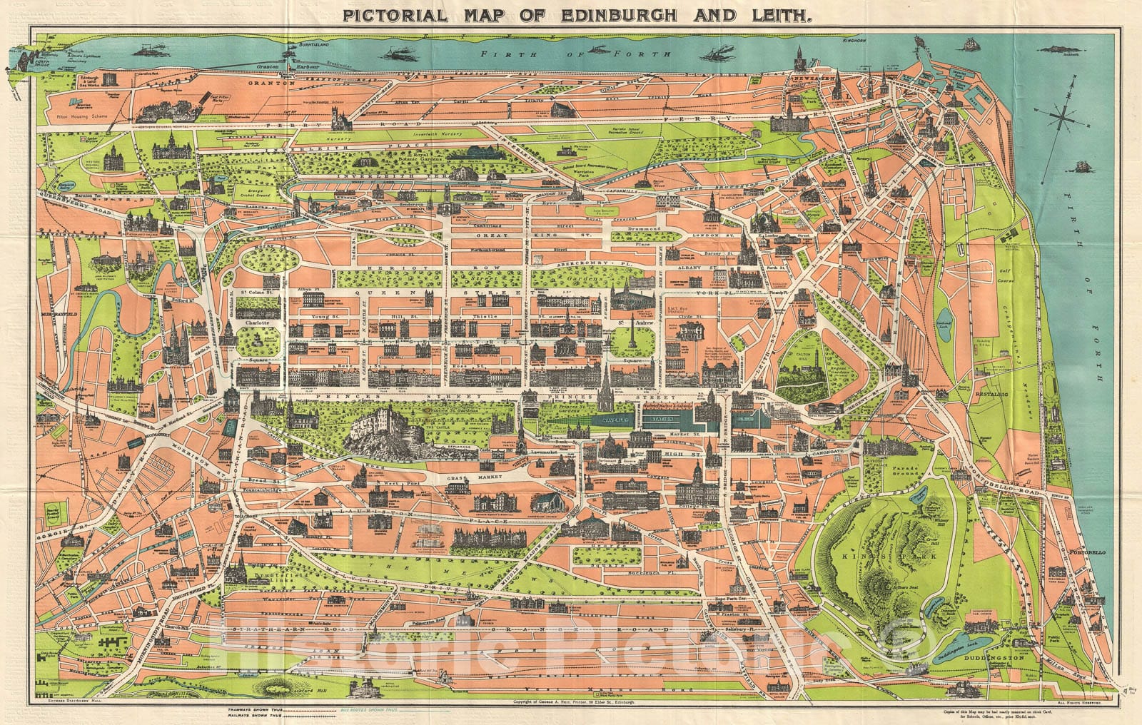 Historic Map : Reid Pictorial Map of Edinburgh and Leith, Scotland, 1935, Vintage Wall Art