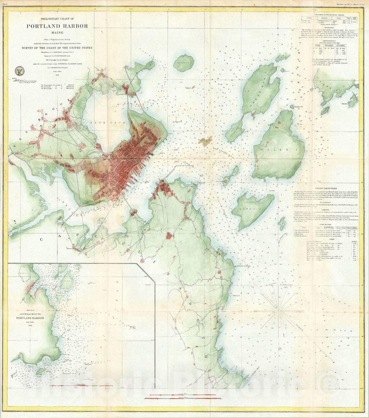 Historic Map : Nautical Chart Portland Harbor, Maine, U.S. Coast Survey, 1859, Vintage Wall Art