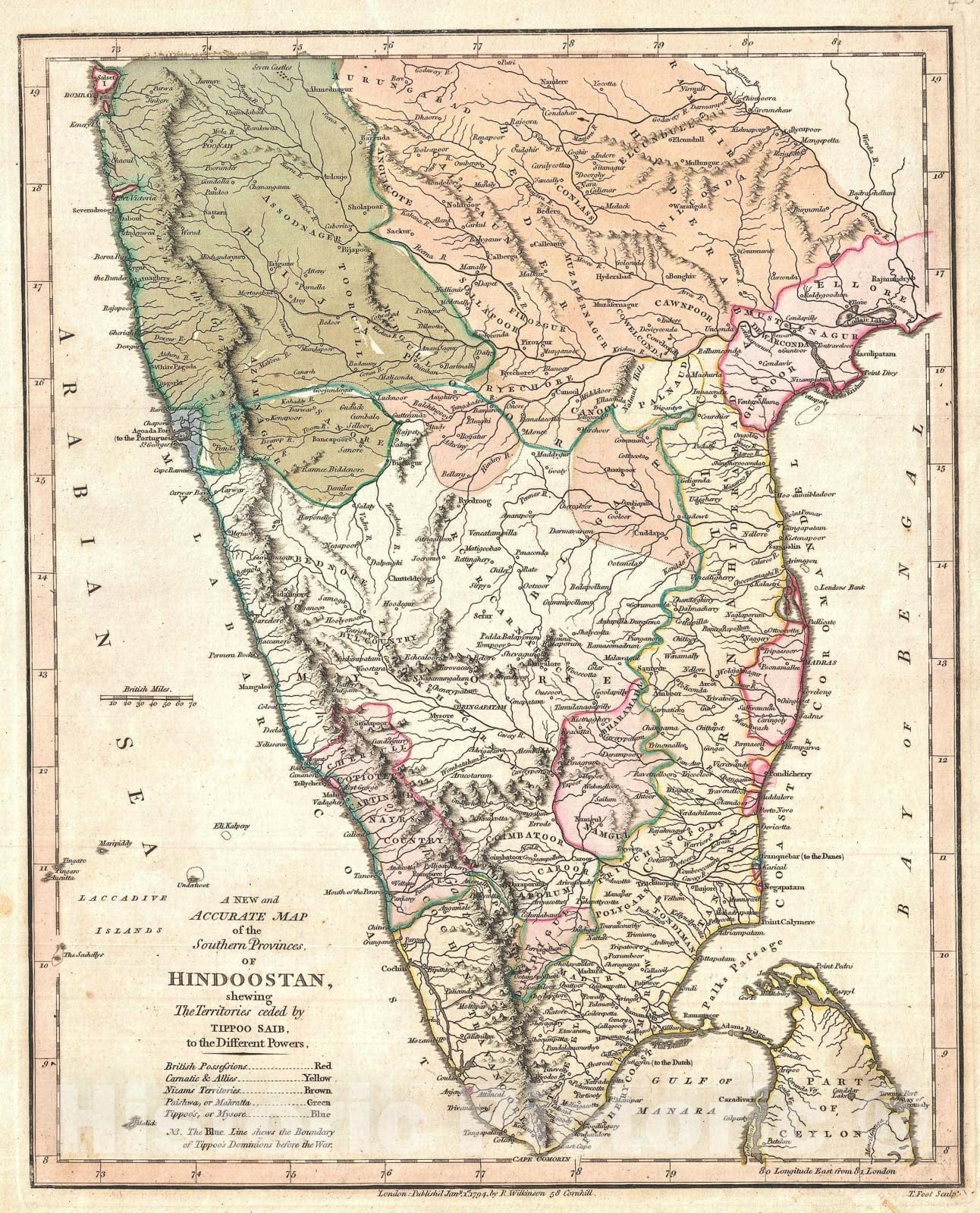 Historic Map : Southern India, Wilkinson, 1794, Vintage Wall Art