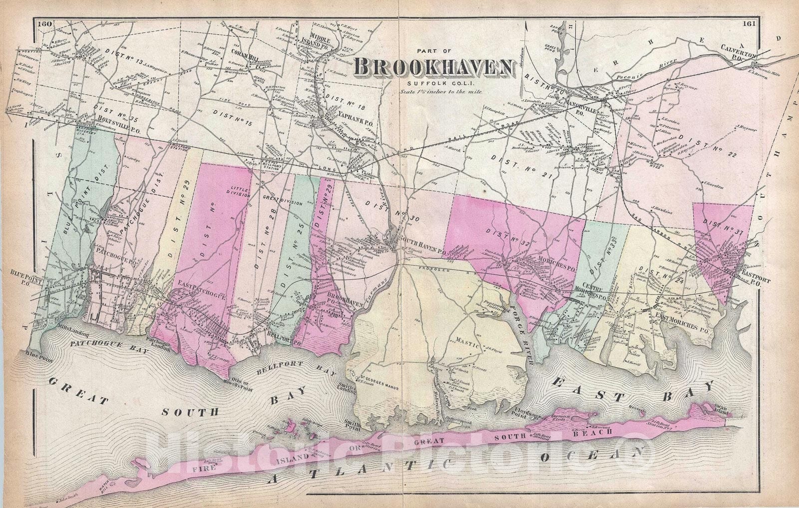 Historic Map : Brookhaven and Fire Island, Long Island, New York, Beers, 1873, Vintage Wall Art