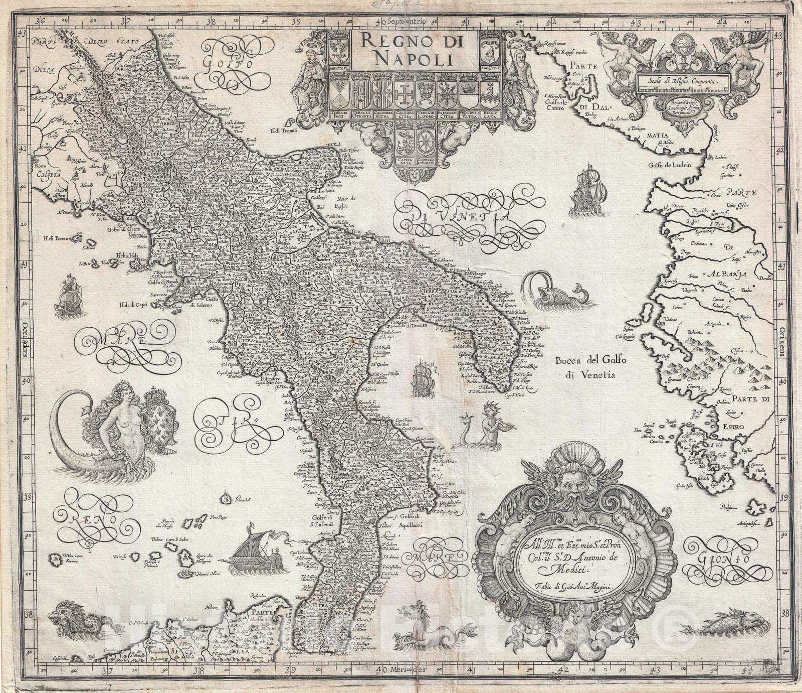 Historic Map : Southern Italy, Magini, 1620 v1, Vintage Wall Art