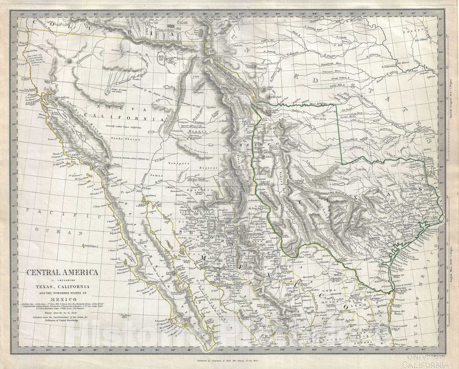 Historic Map : The Republic of Texas "at fullest" and California, S.D.U.K., 1842, Vintage Wall Art