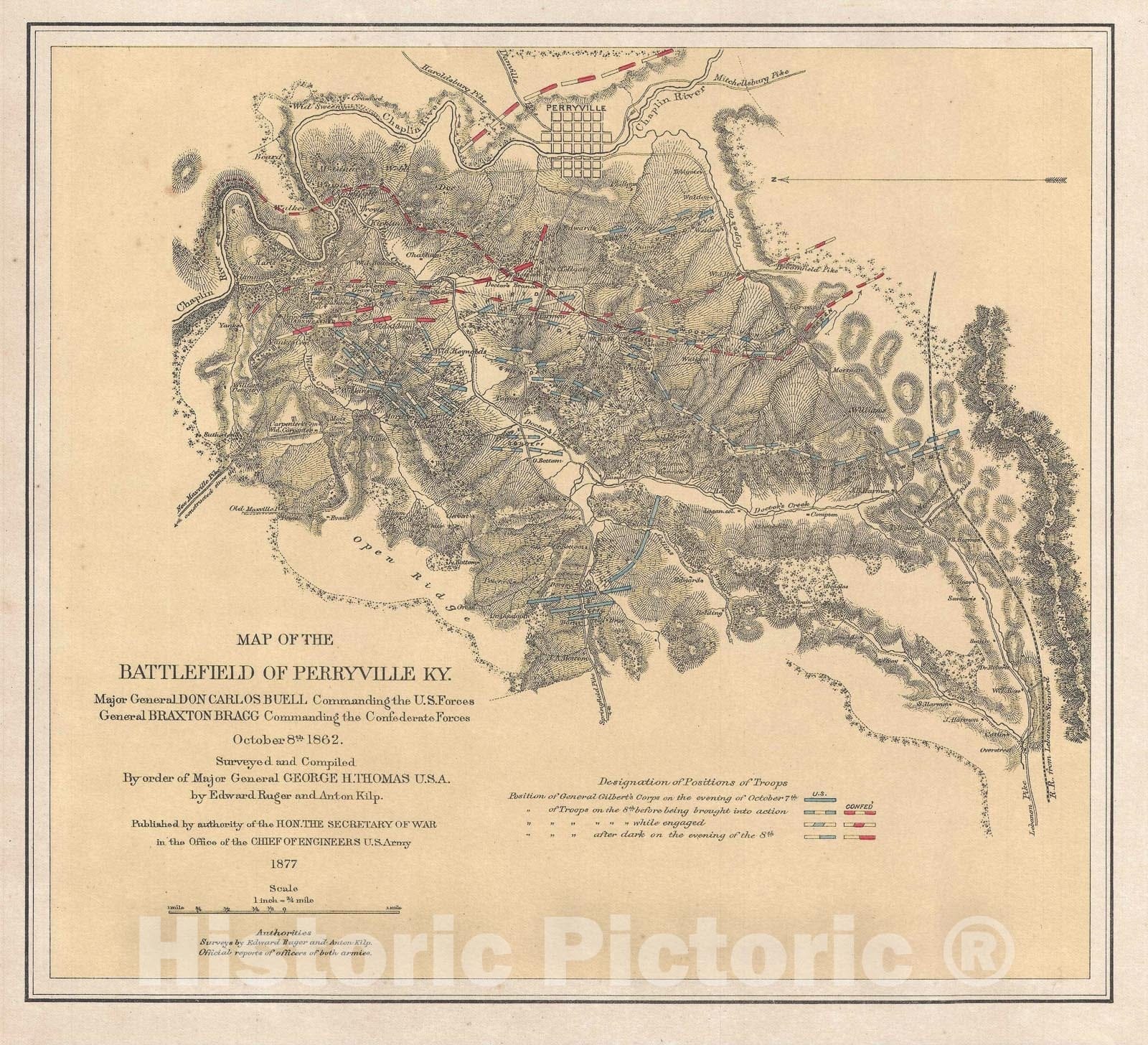 Historic Map : The Battlefield of Perryville, Kentucky, Ruger and Anton, 1877, Vintage Wall Art
