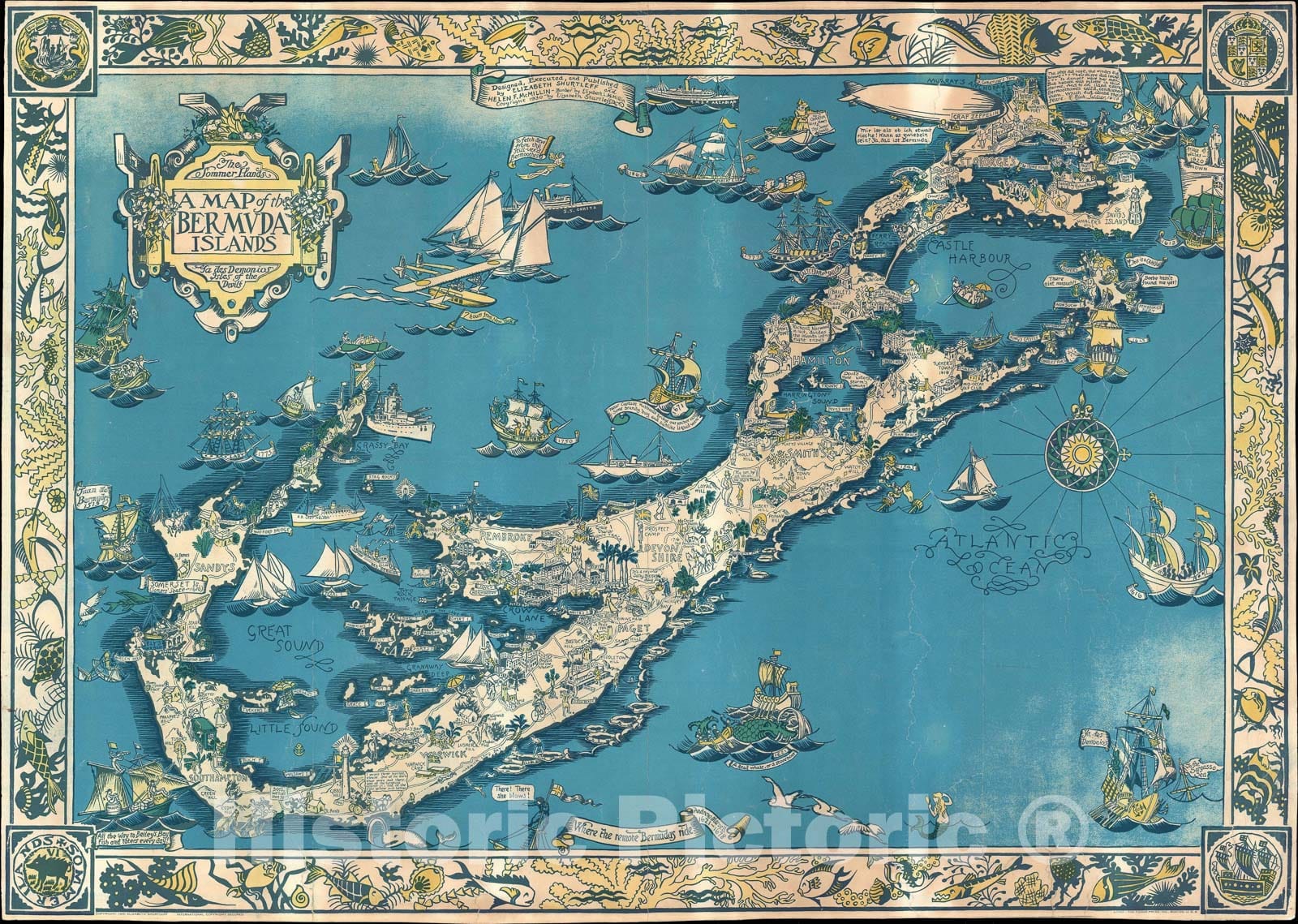 Historic Map : Pictorial Bermuda "Bermuda Islands", Shurtleff, 1930, Vintage Wall Art