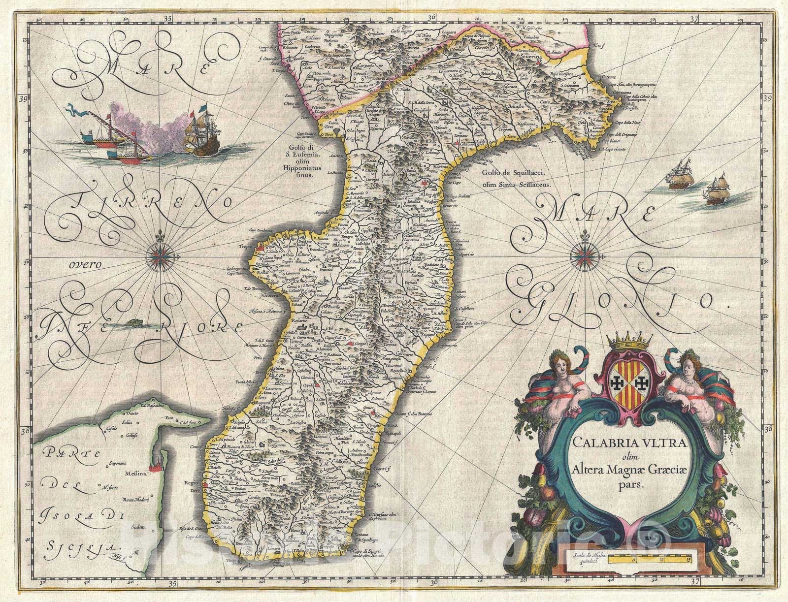 Historic Map : Calabria, Italy, Blaeu, 1646, Vintage Wall Art