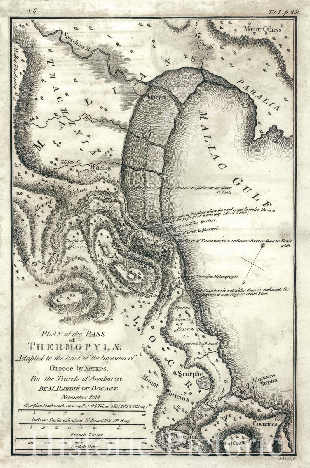 Historic Map : The Battle of Thermopylae Pass, Ancient Greece, Bocage, 1784, Vintage Wall Art