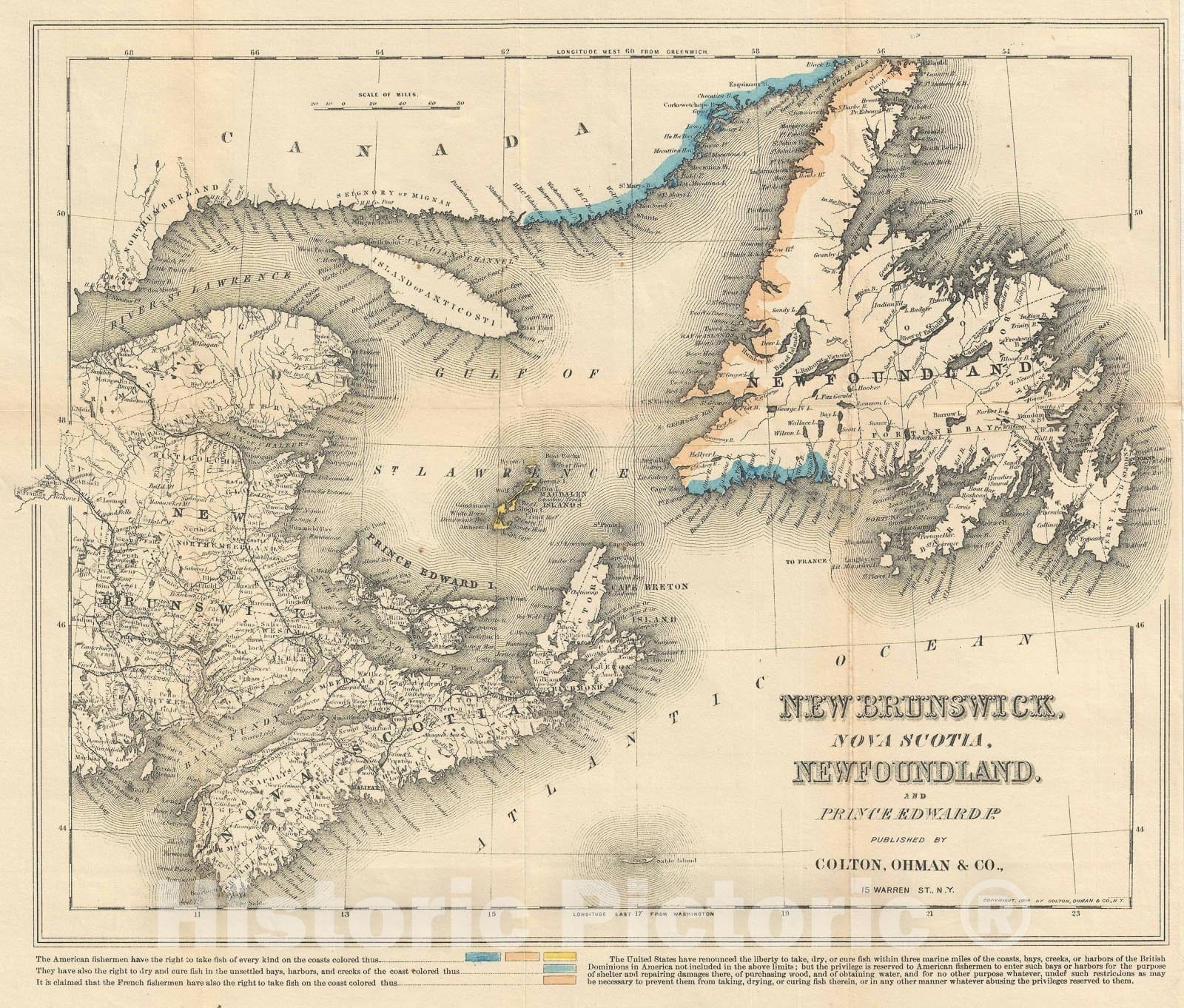 Historic Map : The Canadian Maritimes w/ Fishing Rights, Colton Ohman, 1898, Vintage Wall Art