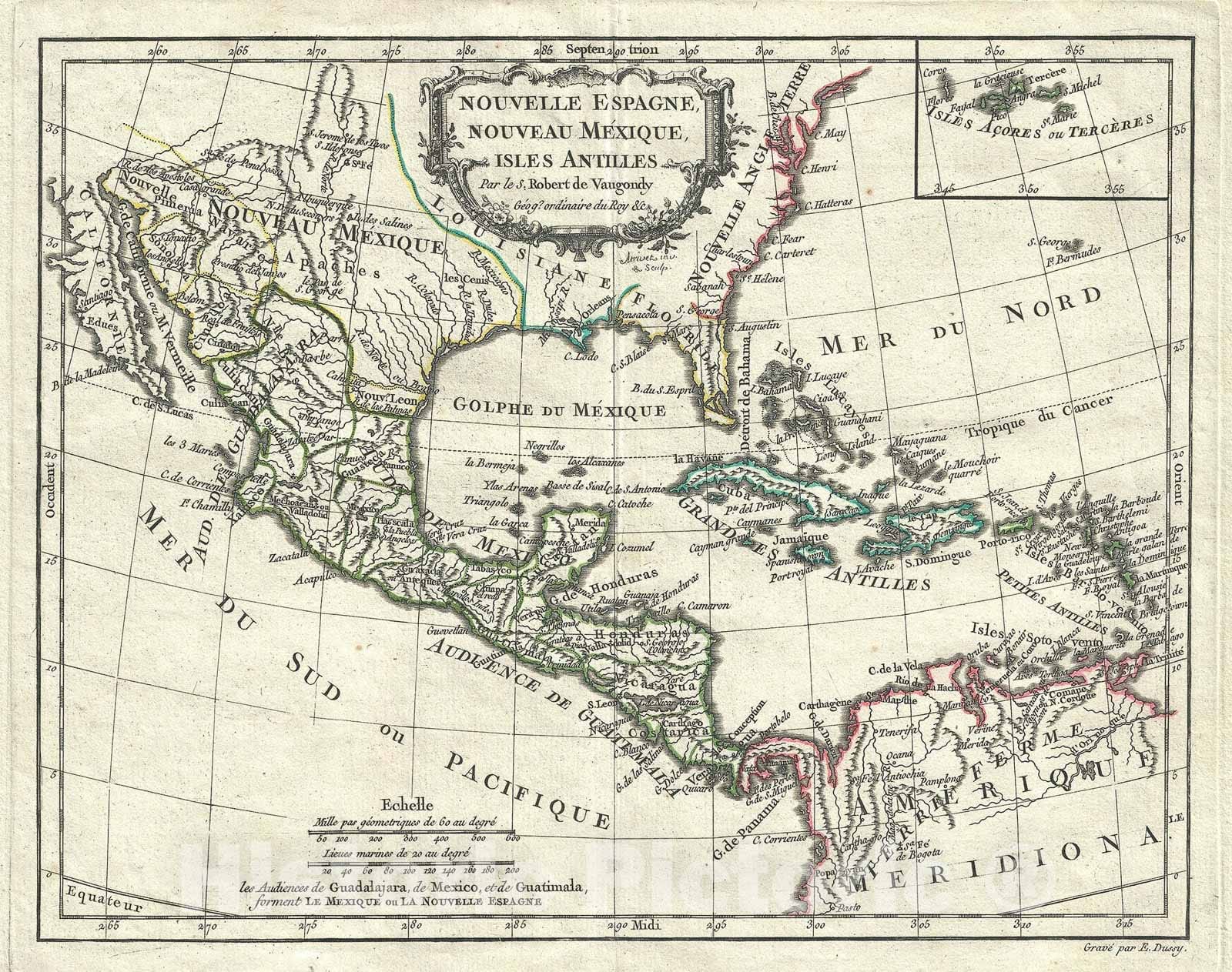 Historic Map : Mexico, Central America, Florida and The West Indies, Vaugondy, 1778, Vintage Wall Art