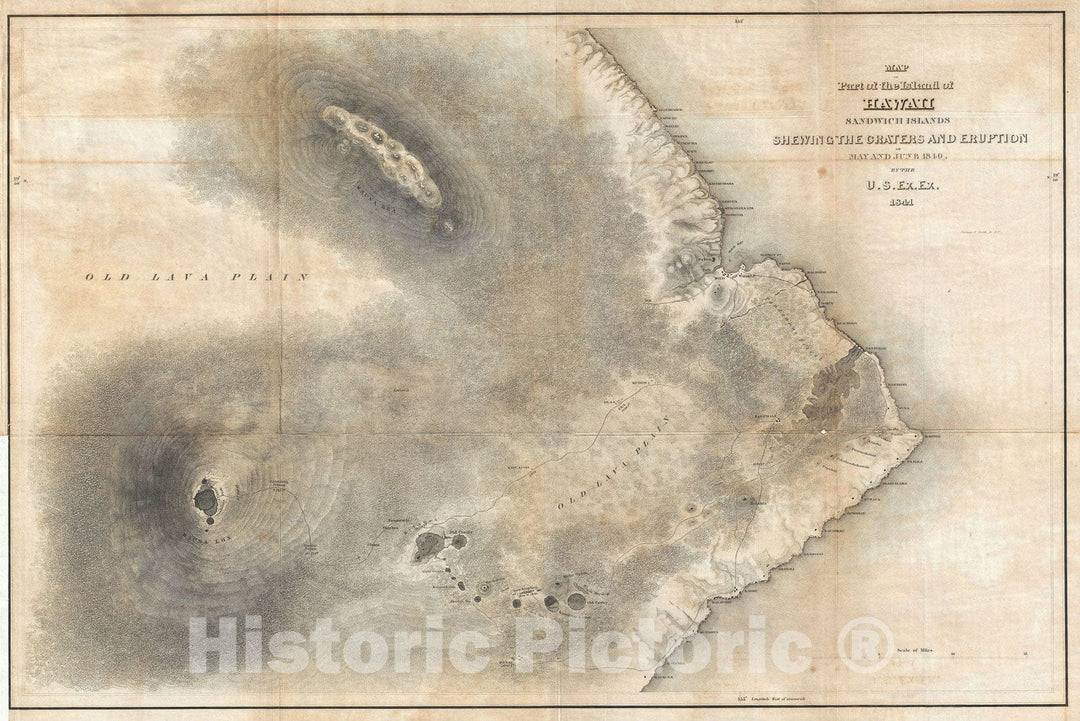 Historic Map : Hawaii "Mauna Loa, Mauna Kea, Kilauea", Hawaiian Islands, Wilkes, 1841, Vintage Wall Art