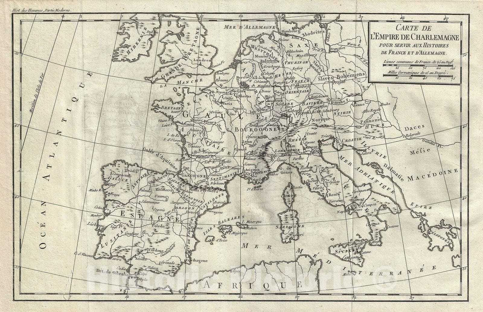 Historic Map : Europe during The Empire of Charlemagne, Delisle de Sales, 1770, Vintage Wall Art