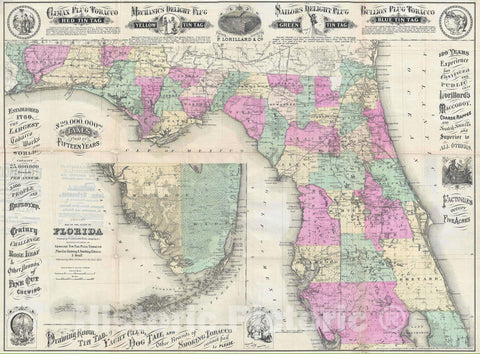 Historic Map : Tobacco Advertising Map of Florida, Lorillard - Colton, 1882, Vintage Wall Art