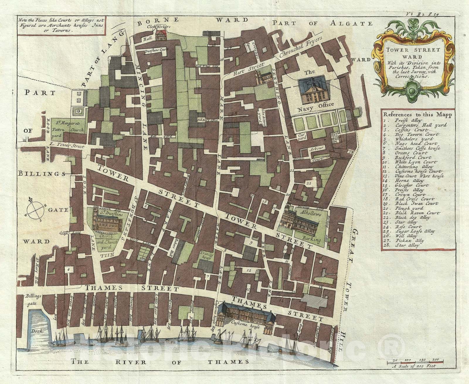 Historic Map : Tower Street Map, London, Stow, 1755, Vintage Wall Art