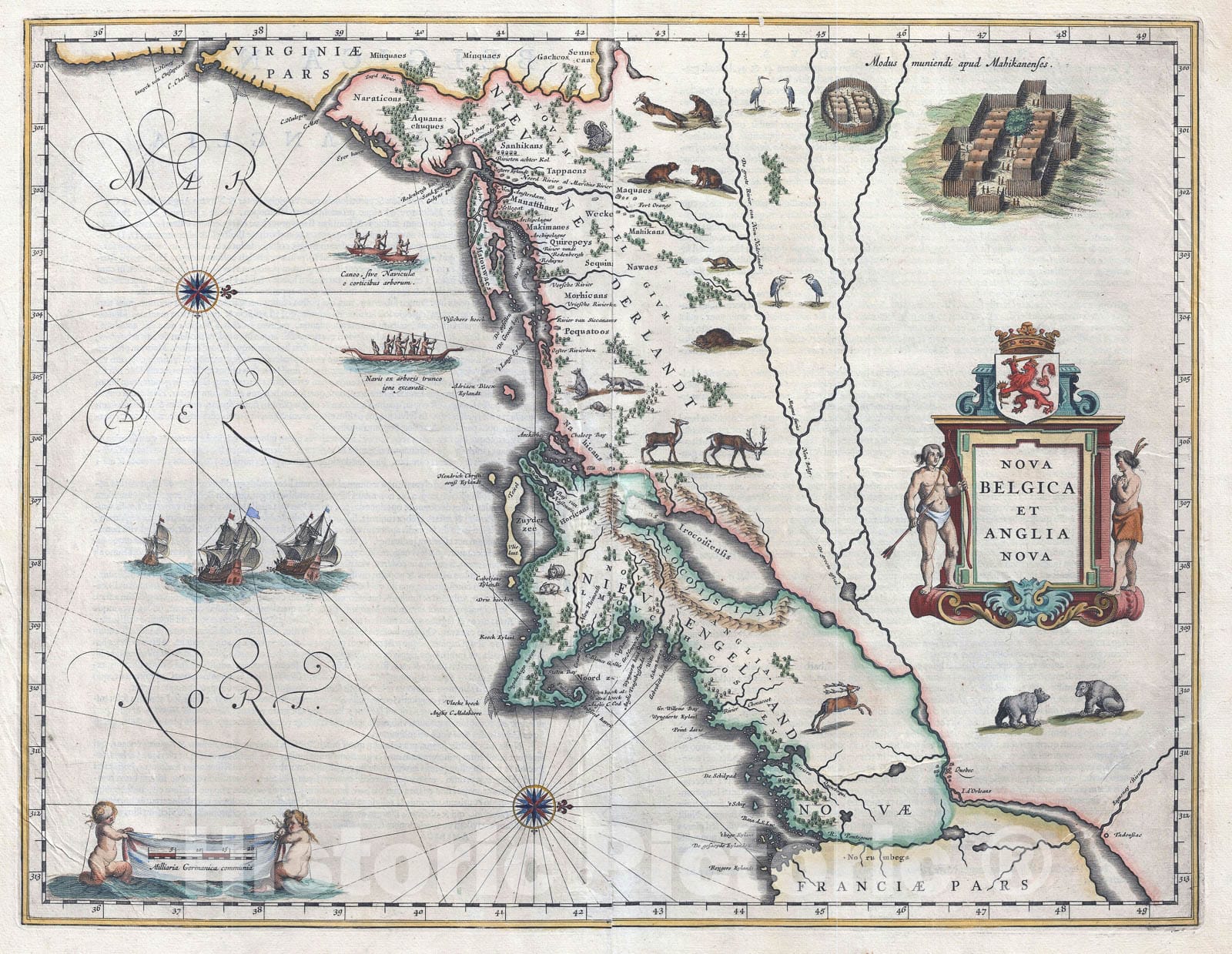 Historic Map : New England and New York "1st depiction of Manhattan as an Island", Blaeu, 1635, Vintage Wall Art