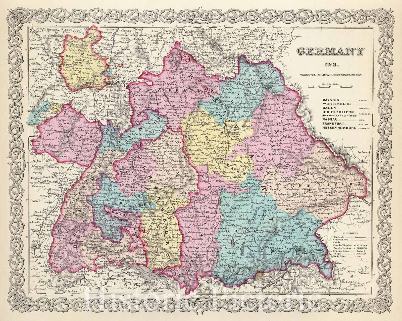 Historic Map : Southern Germany: Bavaria, Wurtemberg and Baden, Colton, 1856, Vintage Wall Art