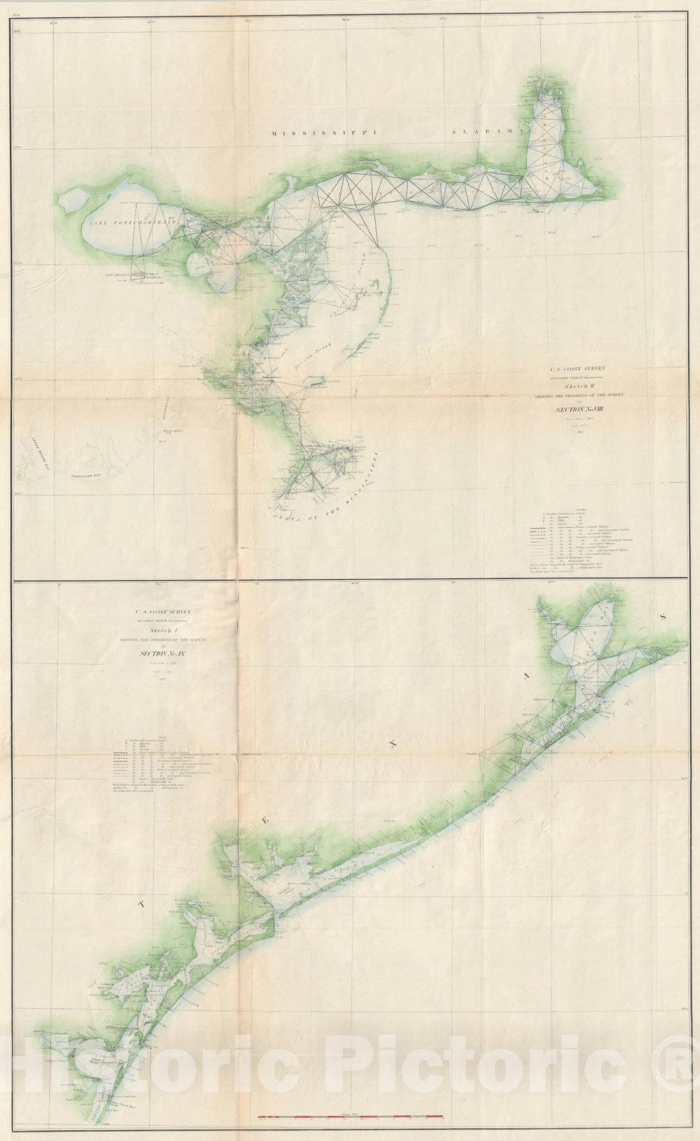 Historic Map : The Gulf Coast from Mobile, Alabama to Galveston, Texas, U.S. Coast Survey, 1871, Vintage Wall Art