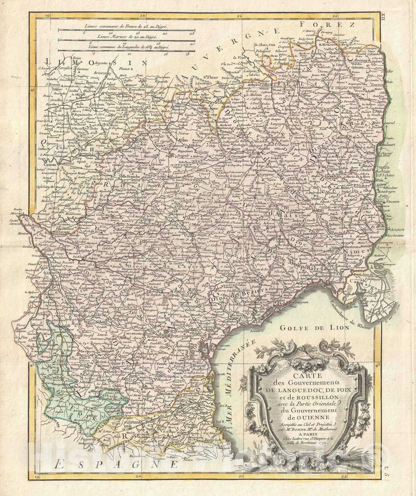 Historic Map : Languedoc and Roussillon, France, Bonne, 1771, Vintage Wall Art