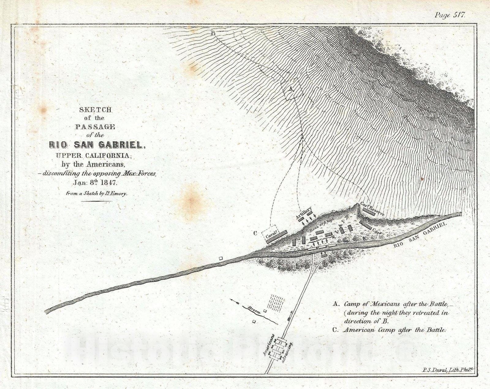 Historic Map : The Mexican War Battle of The Rio San Gabriel in Los Angeles, Emory, 1847, Vintage Wall Art