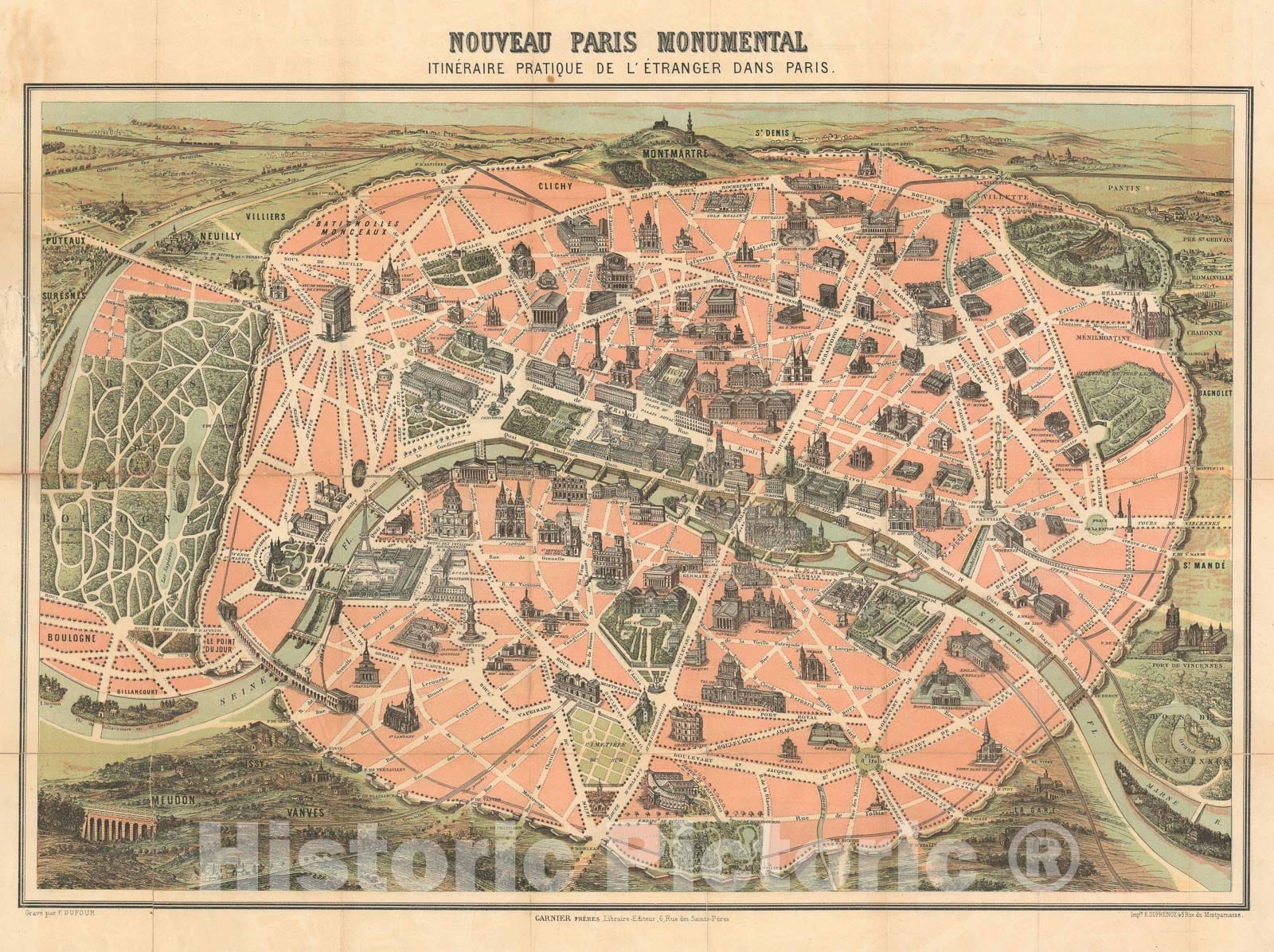 Historic Map : Garnier Pictorial Map of Paris, France w/Monuments, 1889, Vintage Wall Art