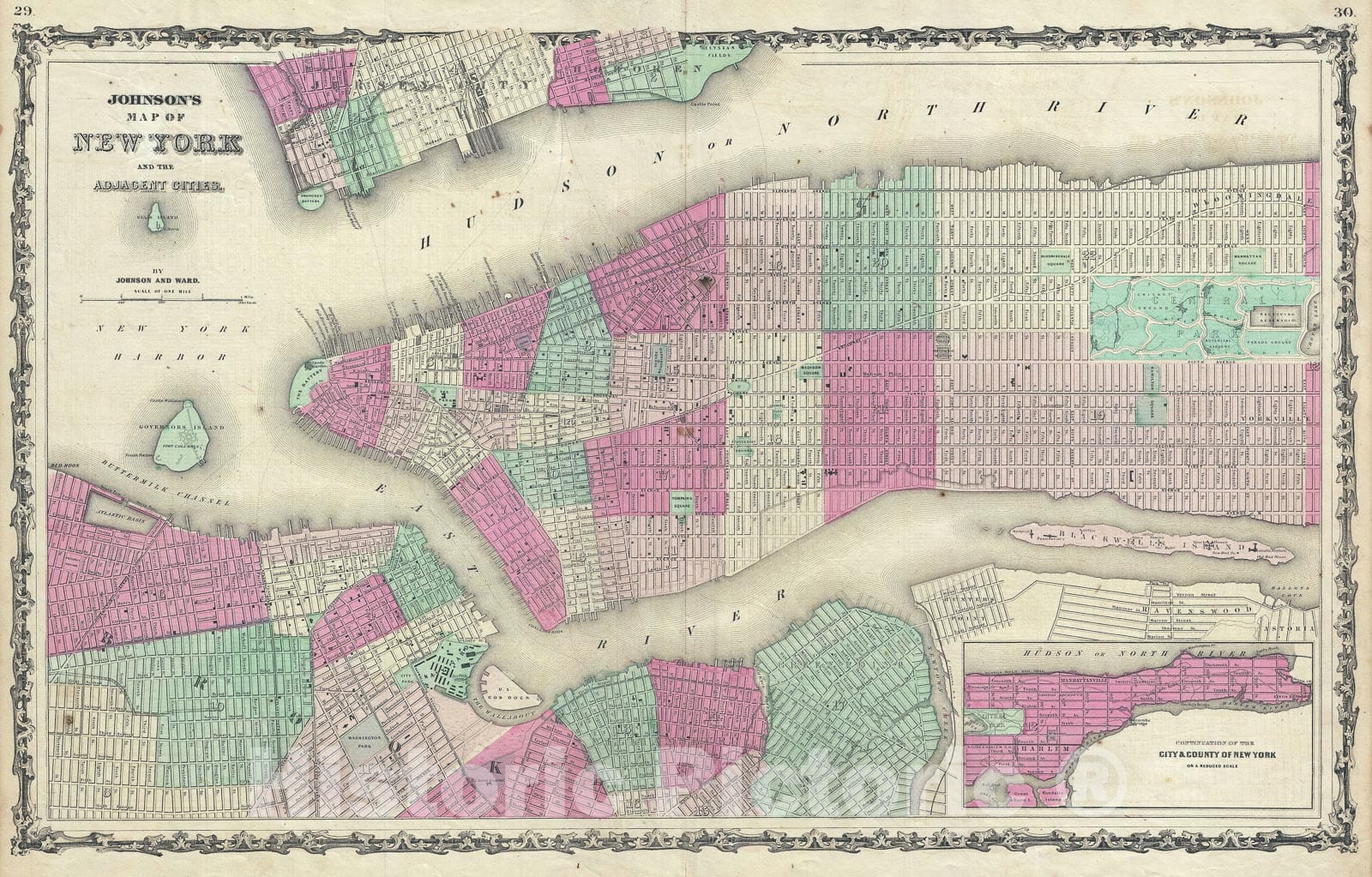 Historic Map : New York City and Brooklyn, Johnson, 1863, Vintage Wall Art