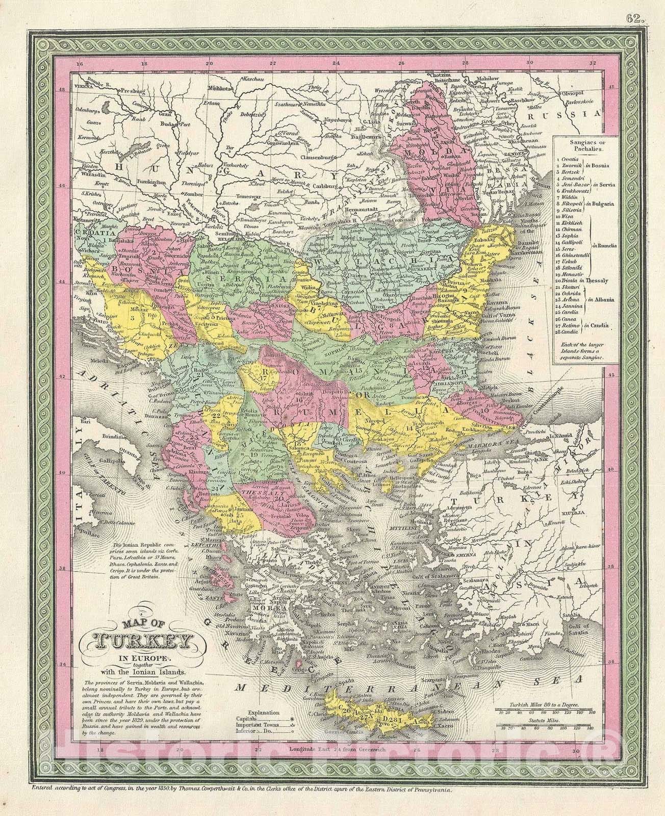Historic Map : Greece and The Balkans, Mitchell, 1854, Vintage Wall Art