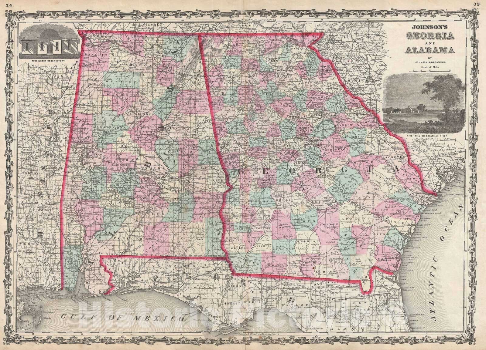Historic Map : Georgia and Alabama, Johnson, 1861, Vintage Wall Art