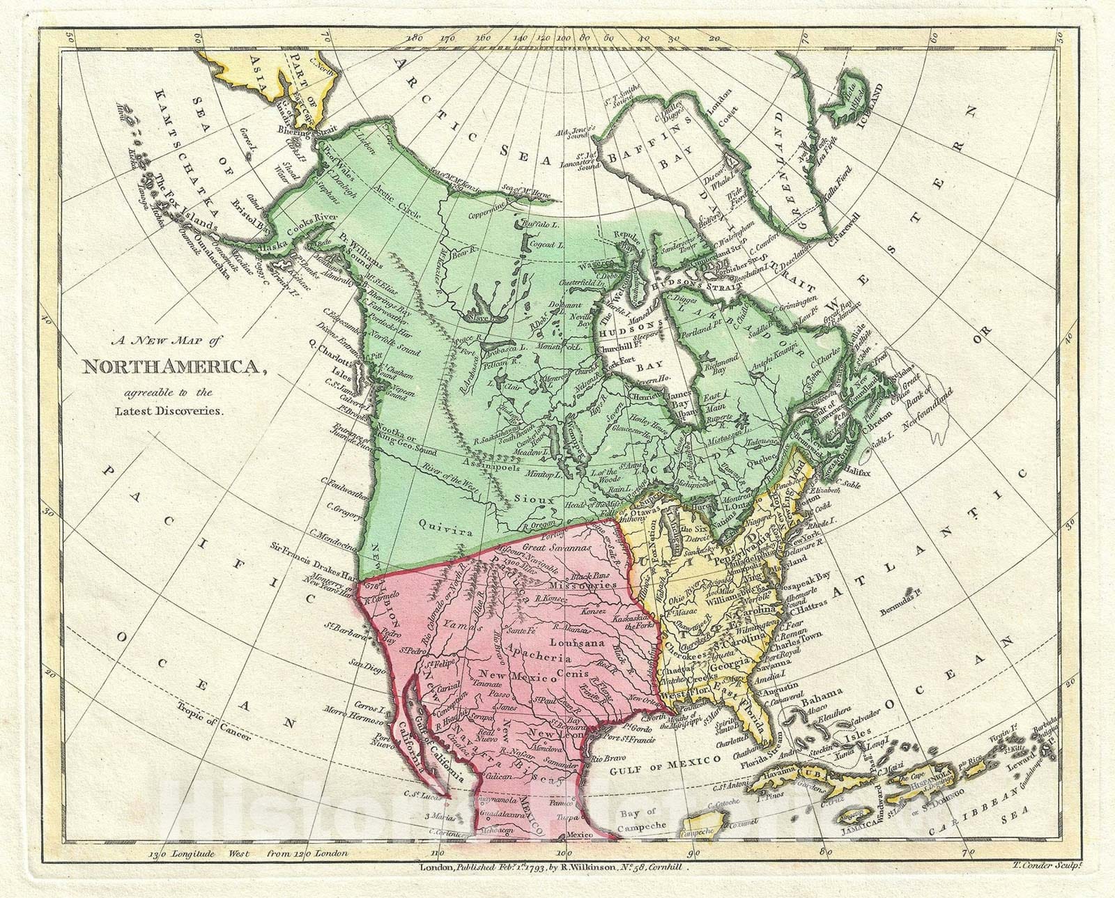 Historic Map : North America, Wilkinson, 1792, Vintage Wall Art