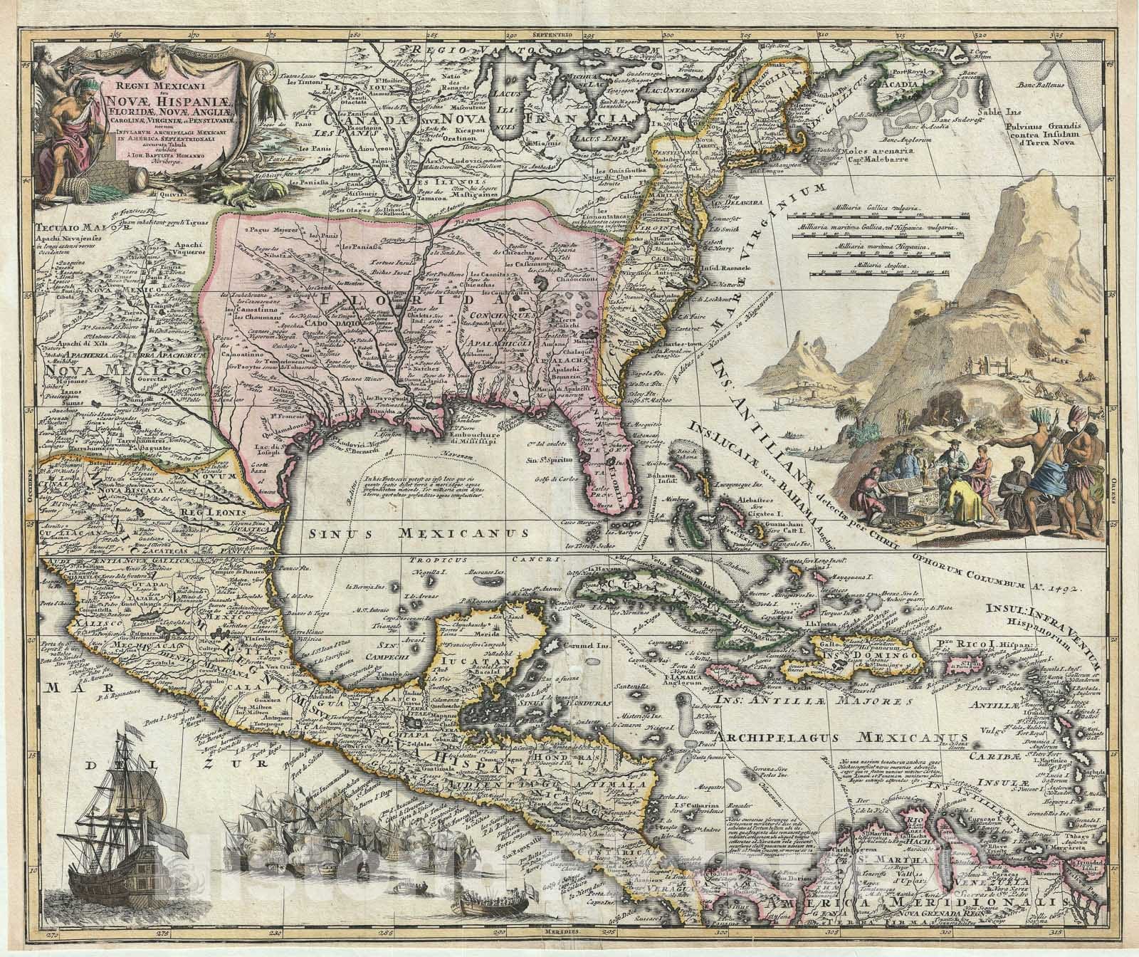 Historic Map : North America and The West Indies, Homann, 1712, Vintage Wall Art