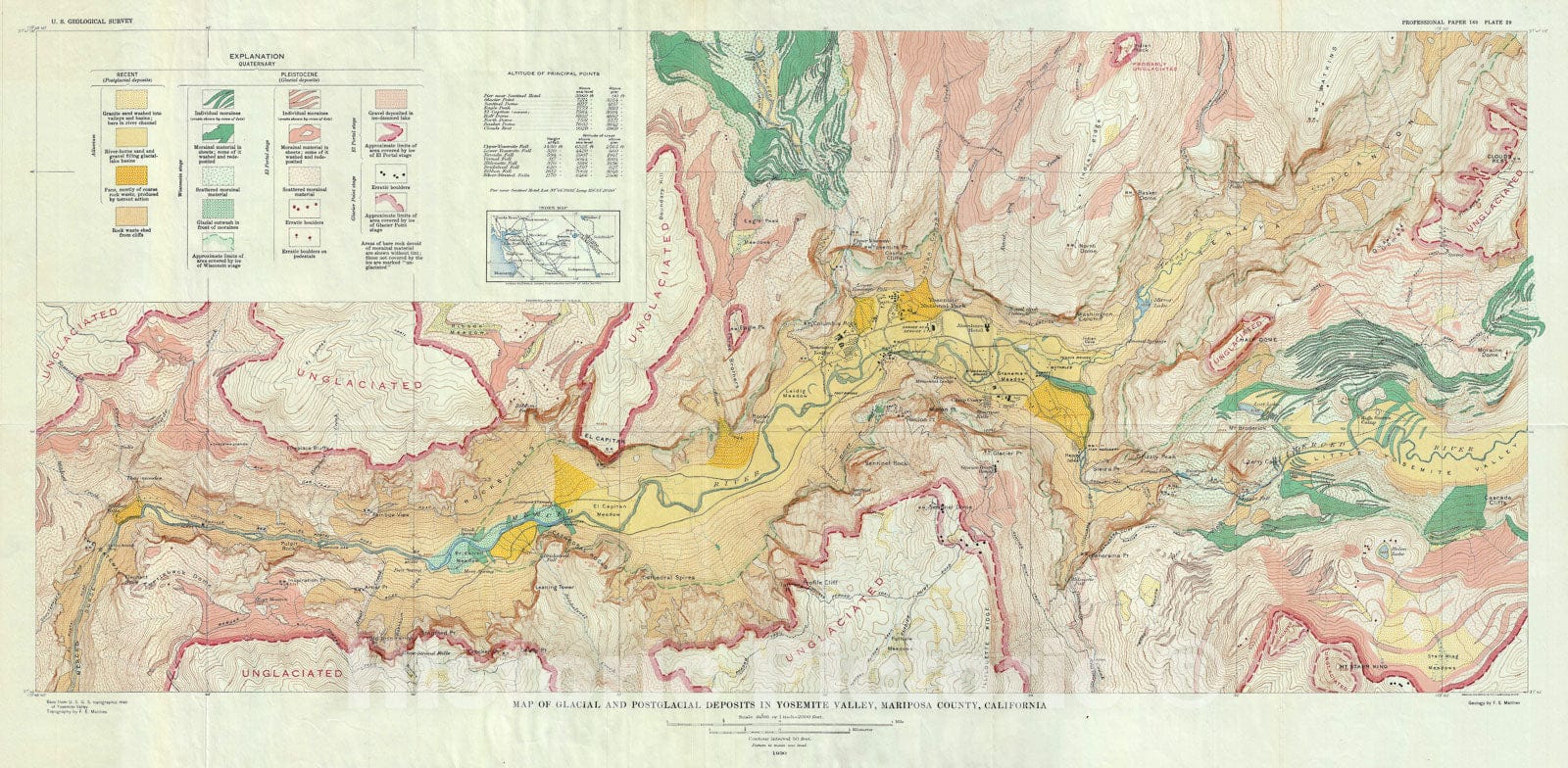 Historic Map : Yosemite National Park, Glacial Deposits, U.S.G.S., 1930, Vintage Wall Art