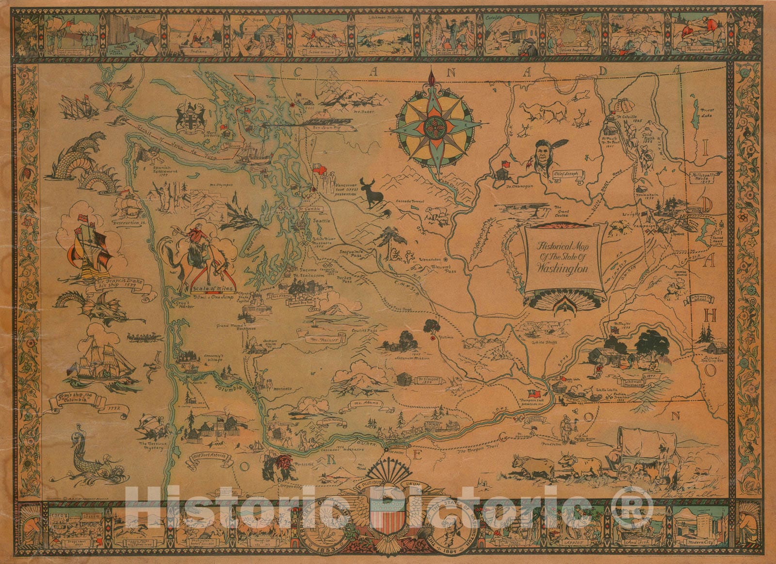 Historic Map : Bertha Ballou Pictorial Map of Washington State, 1931, Vintage Wall Art
