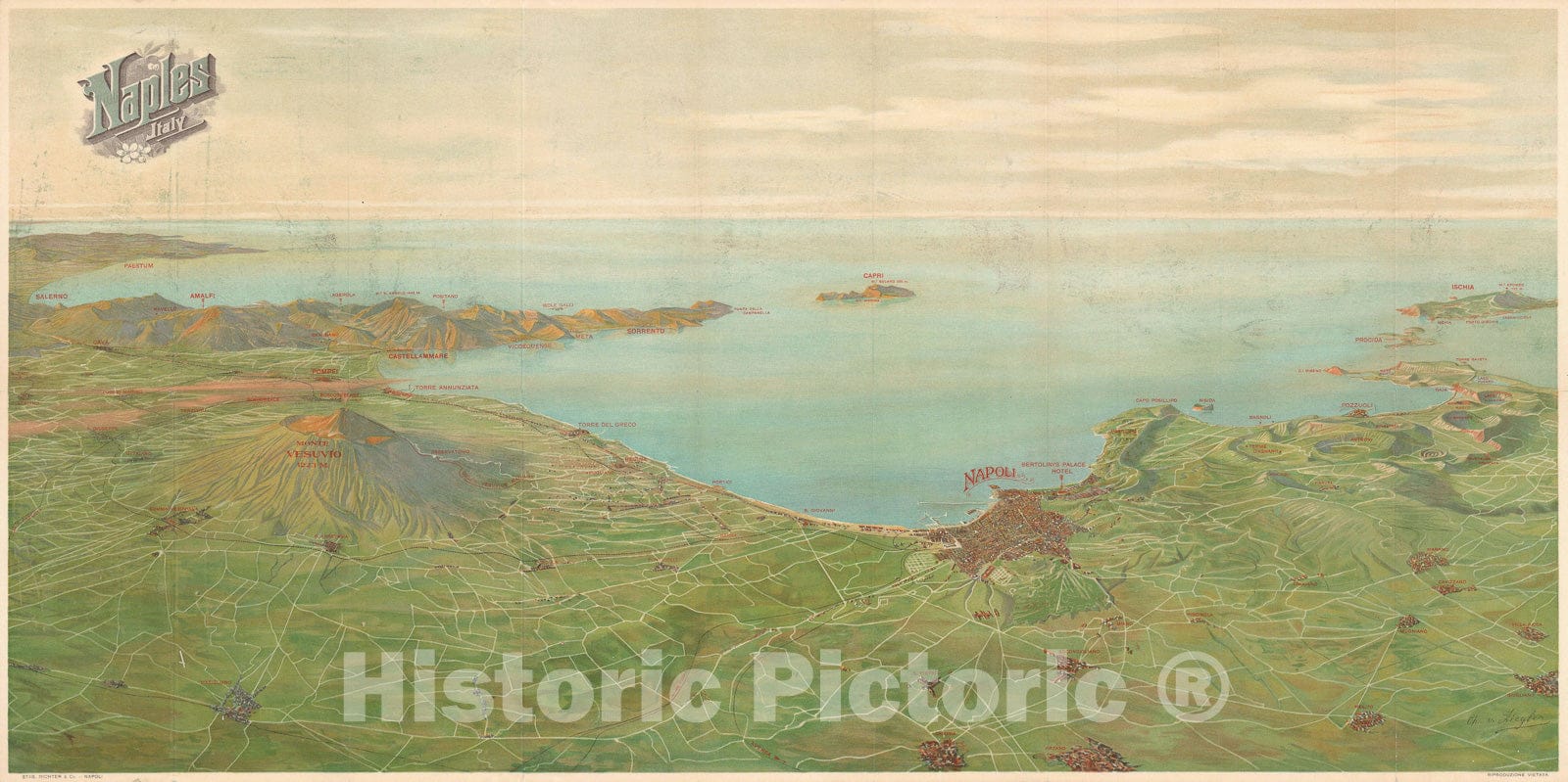 Historic Map : Bird's Eye View of Amalfi Coast, Naples, and Capri, Italy, Richter, 1920, Vintage Wall Art