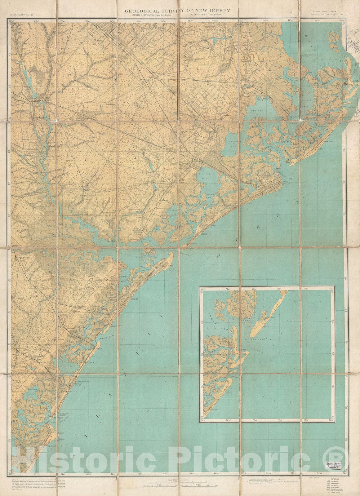 Historic Map : Egg Harbor, Atlantic City, New Jersey, U.S. Geological Survey, 1907, Vintage Wall Art