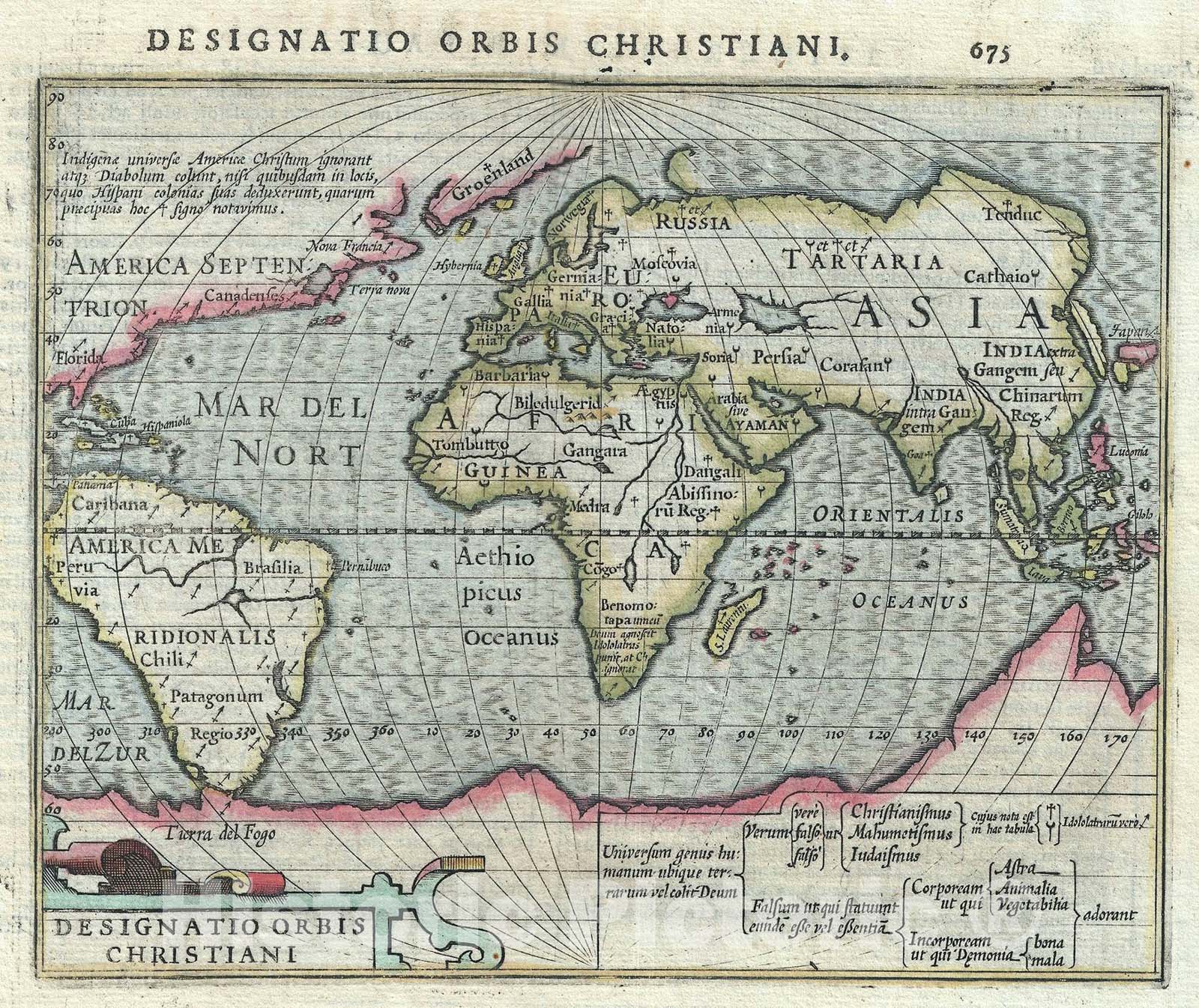 Historic Map : Mercator - Hondius Thematic Map of The World Showing Religions, 1607, Vintage Wall Art