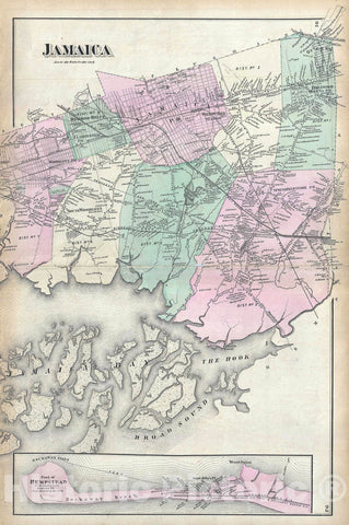 Historic Map : Jamaica and Rockaway Beach, Queens, New York City, Beers, 1873, Vintage Wall Art