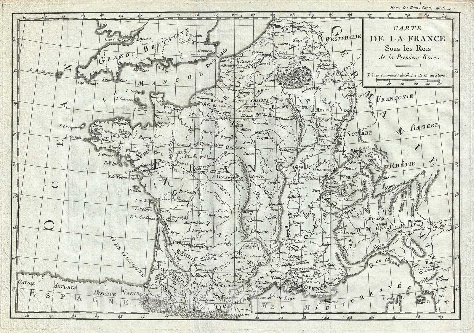 Historic Map : France in Antiquity, Delsile de Sales, 1782, Vintage Wall Art