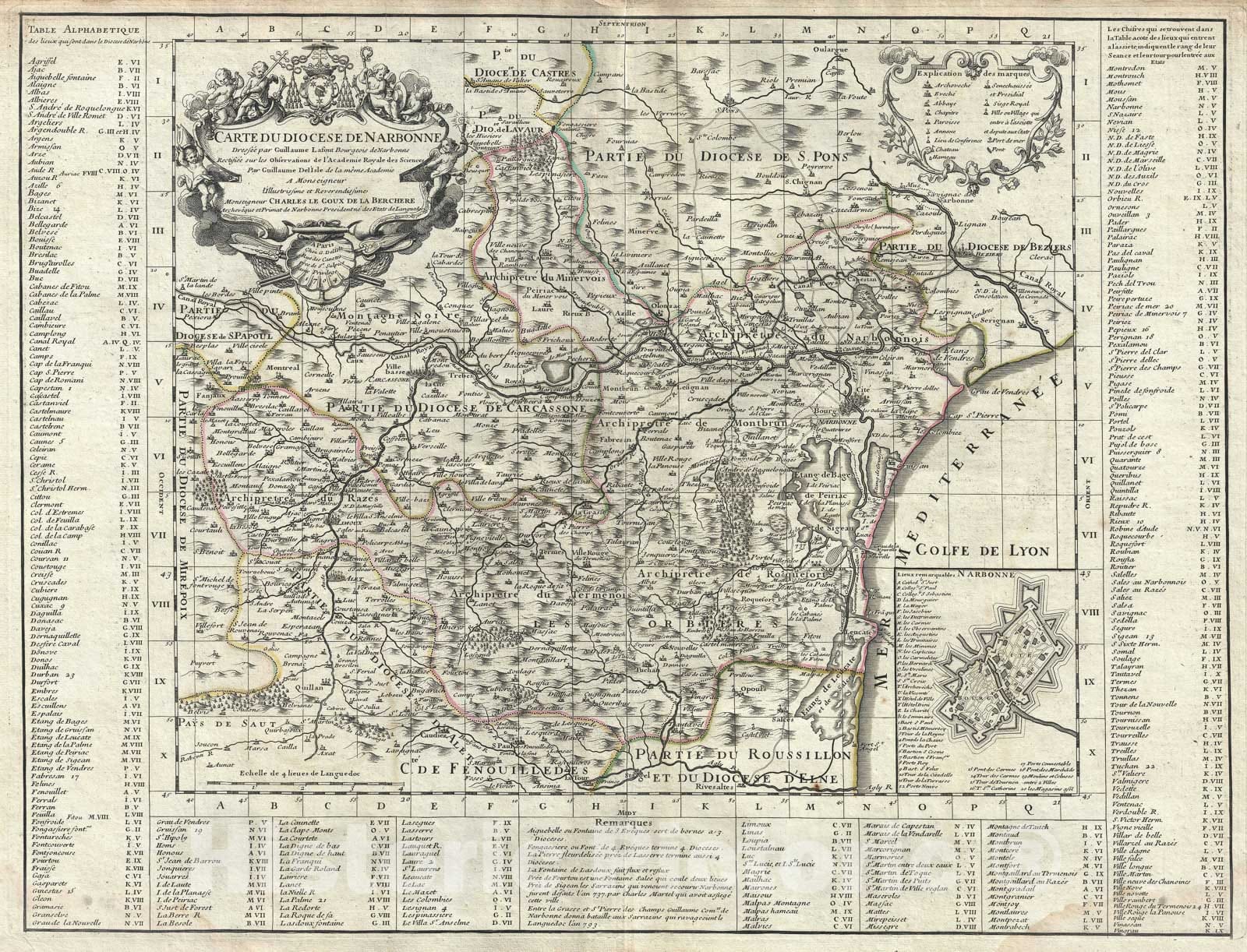 Historic Map : Narbonne, France "Languedoc Wine Region", De L'isle, 1704, Vintage Wall Art