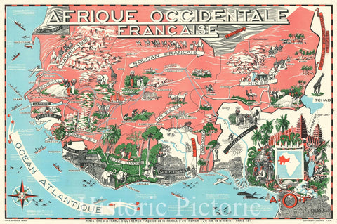 Historic Map : Craste Pictorial Map of French West Africa, 1951, Vintage Wall Art