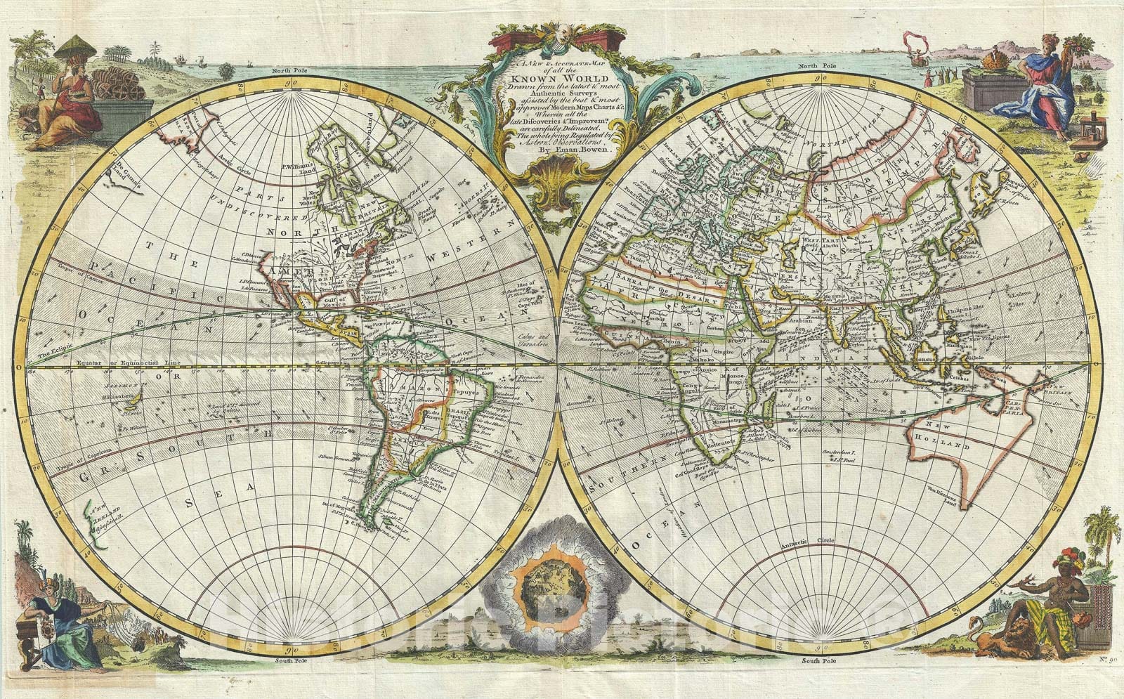 Historic Map : The World in Hemispheres includes the Sea of Korea, Bowen, 1747 v2, Vintage Wall Art