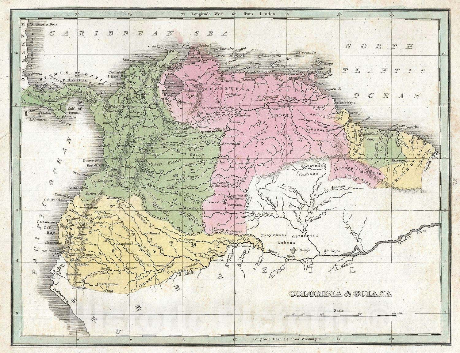 Historic Map : Colombia, Venezuela, Ecuador and Guyana, BraArtd, 1835, Vintage Wall Art