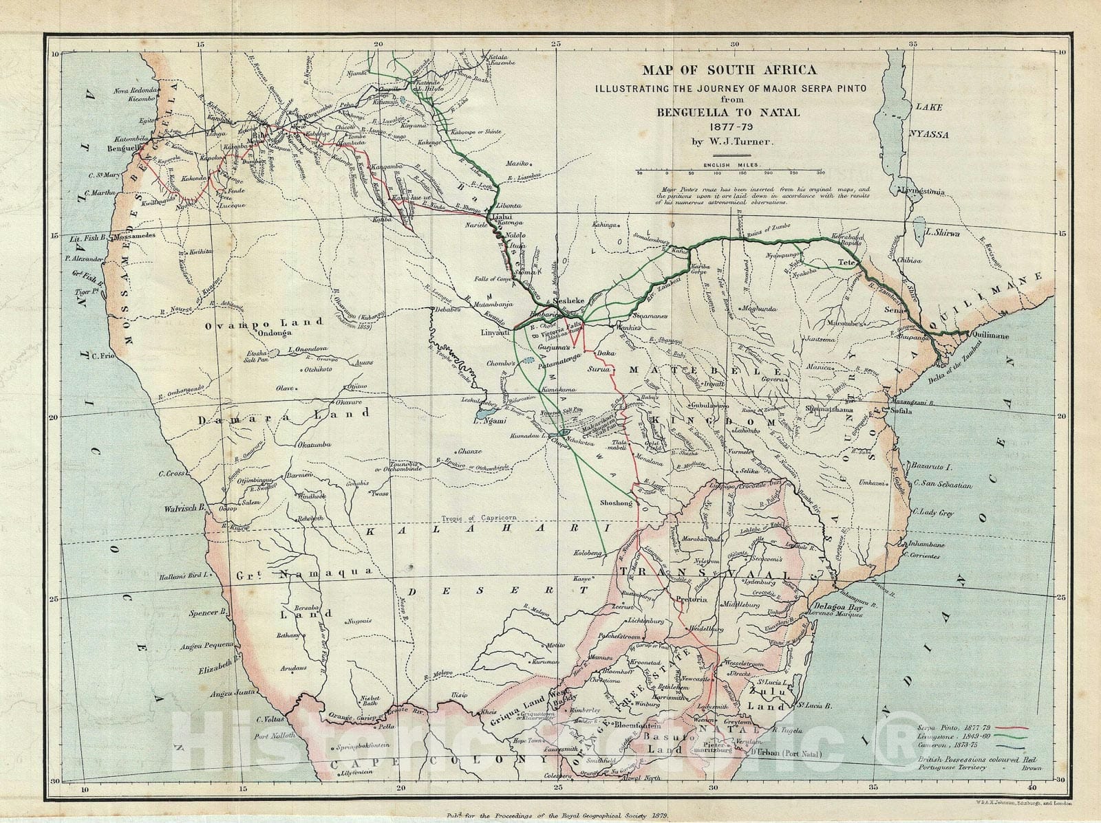 Historic Map : South Central Africa: Mozambique, Namibia, Botswana, Zimbabwe, Johnston, 1879, Vintage Wall Art
