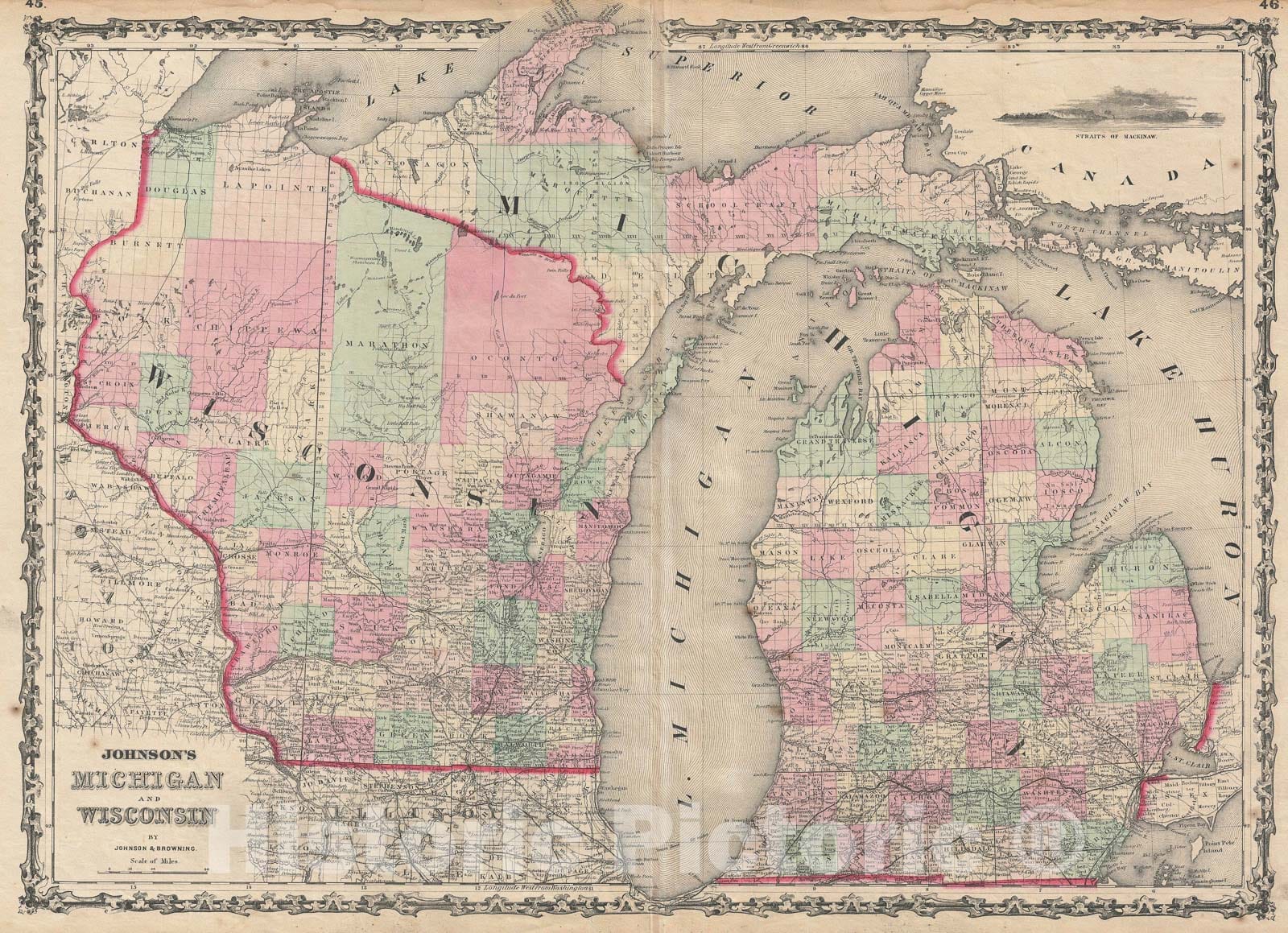 Historic Map : Michigan and Wisconsin, Johnson, 1861, Vintage Wall Art