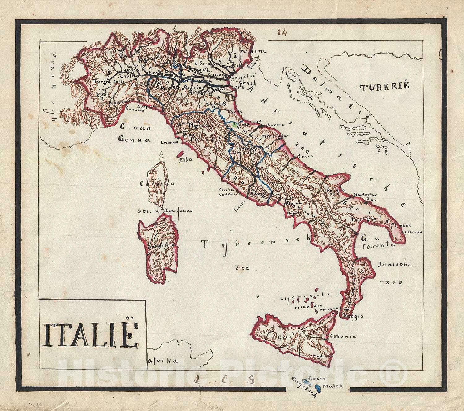 Historic Map : Italy, Sikkel Manuscript, 1871, Vintage Wall Art