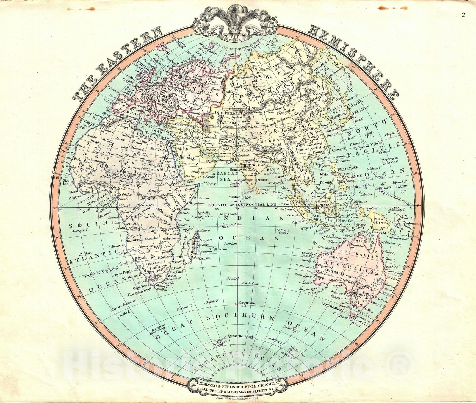 Historic Map : The Eastern Hemisphere "Asia, Africa, Europe, Australia", Cruchley, 1852, Vintage Wall Art