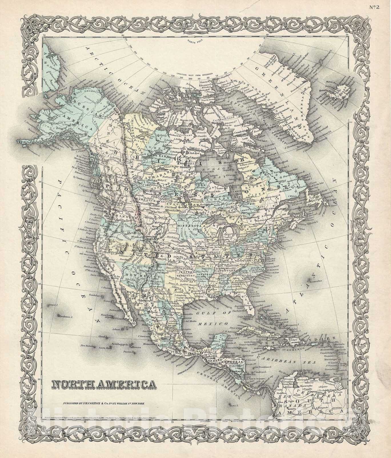 Historic Map : North America: United States, Mexico, Canada, Colton, 1855, Vintage Wall Art