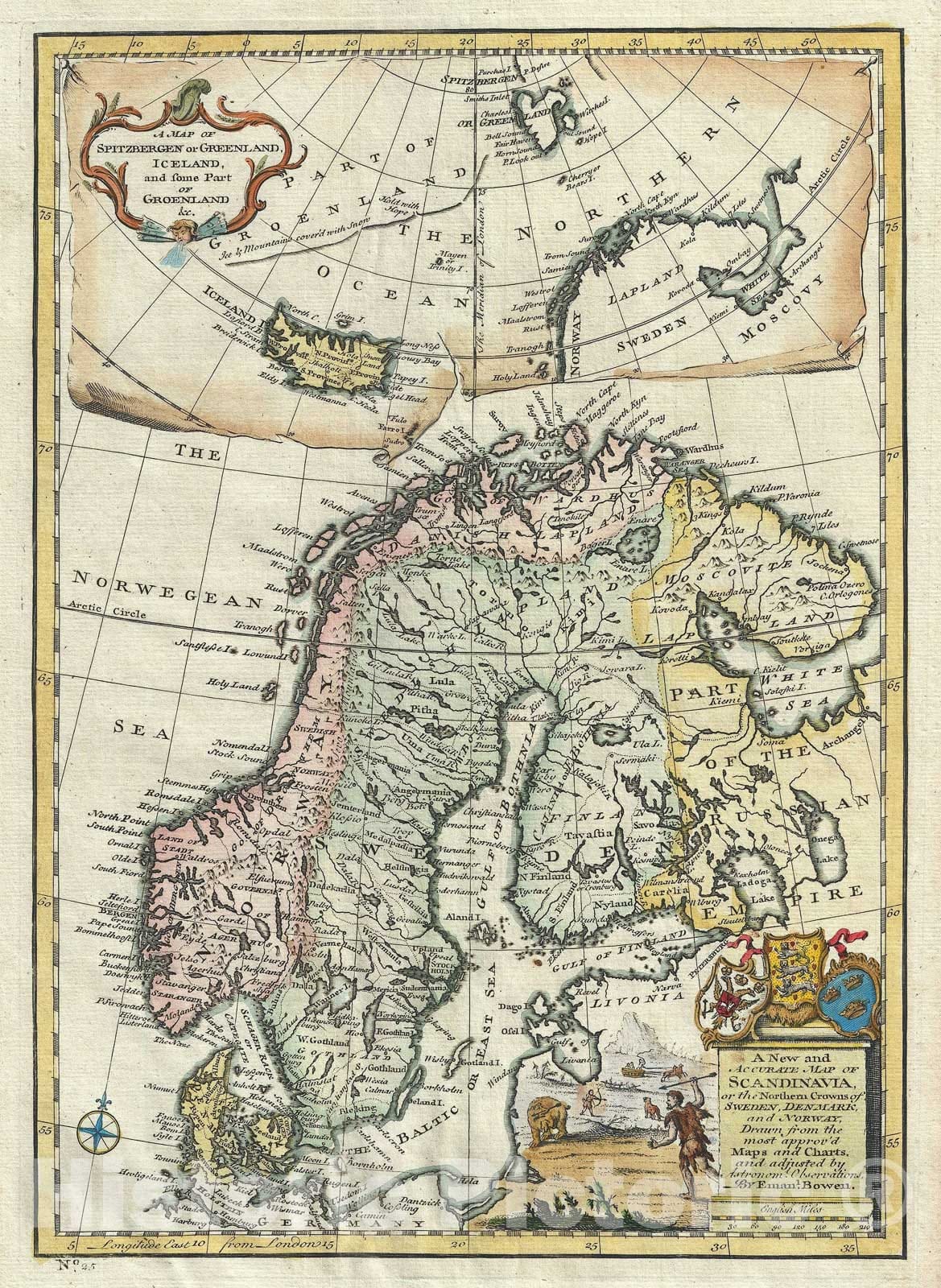 Historic Map : Scandinavia "Norway, Sweden, Finland and Denmark", Bowen, 1747, Vintage Wall Art