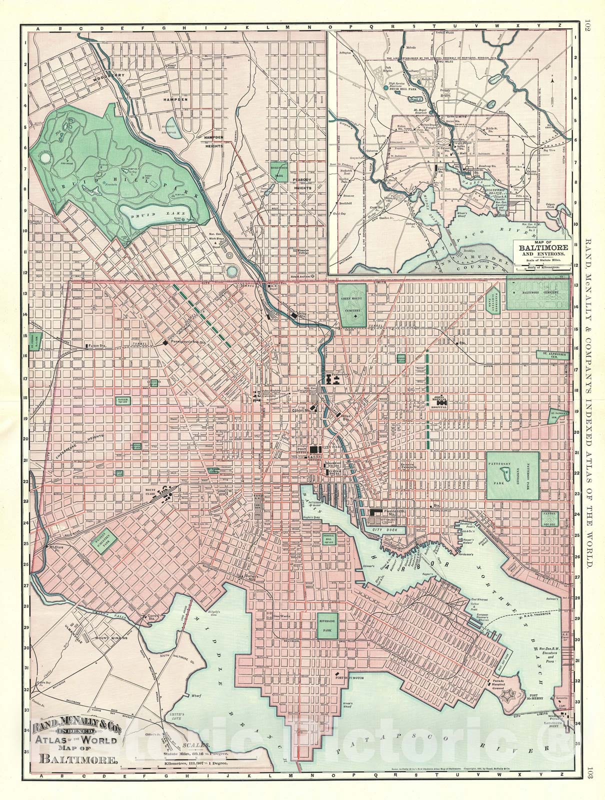 Historic Map : Plan of Baltimore, Maryland, Rand McNally, 1891, Vintage Wall Art