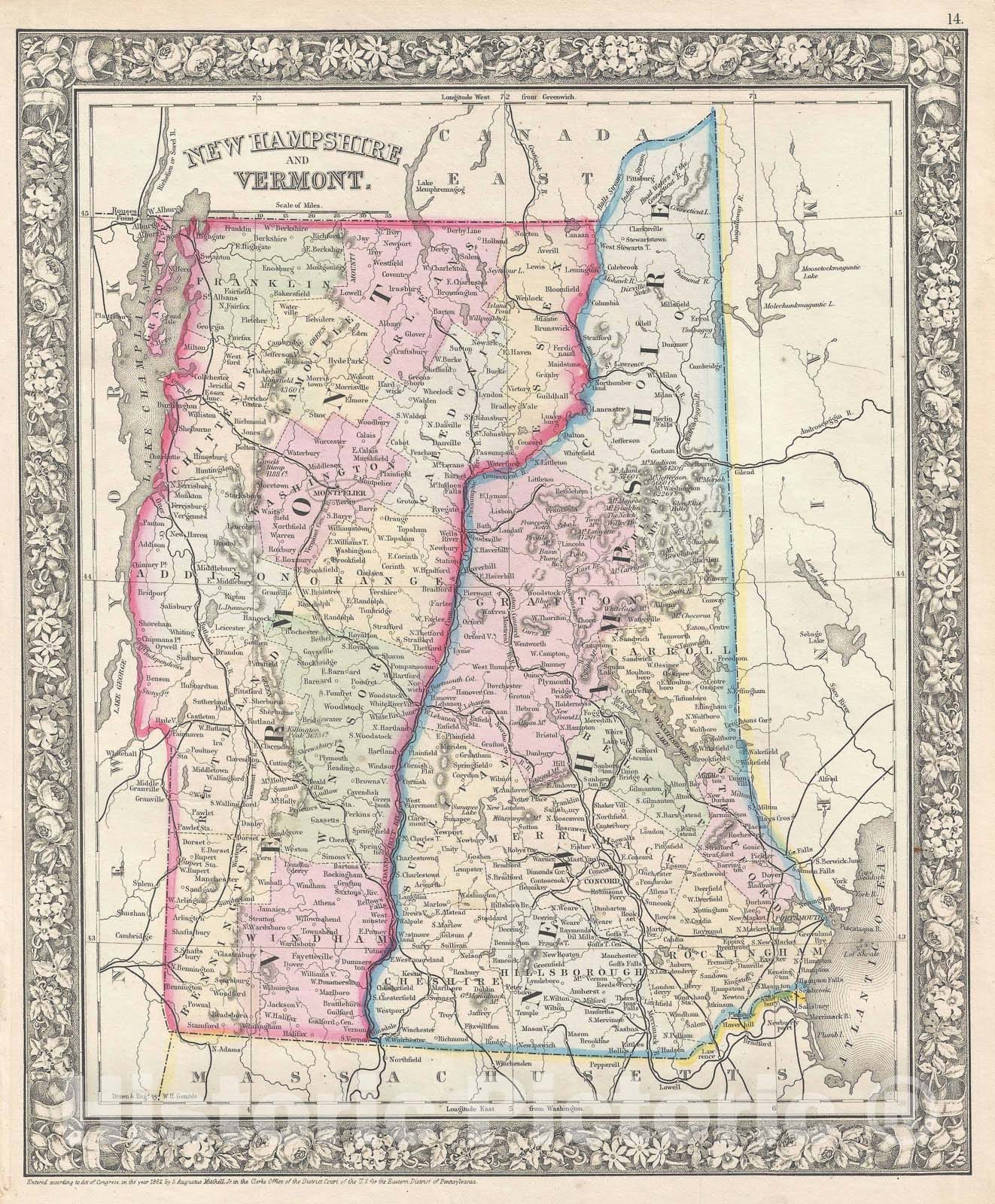 Historic Map : Vermont and New Hampshire, Mitchell, 1862, Vintage Wall Art