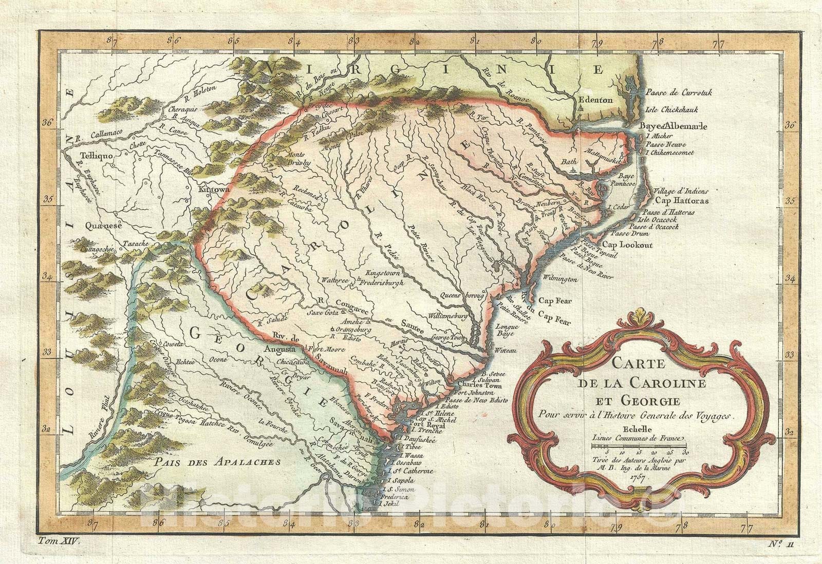 Historic Map : Carolina and Georgia, Bellin, 1757 v2, Vintage Wall Art