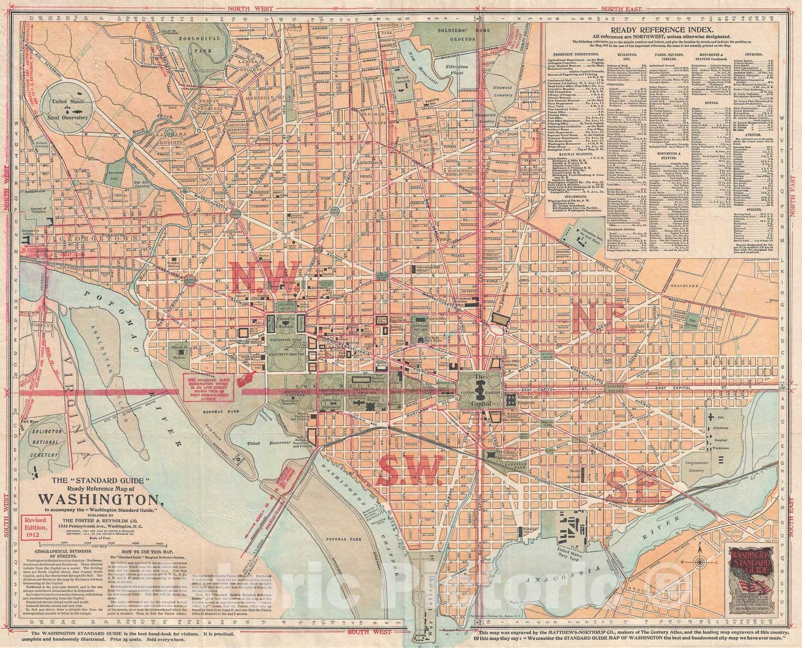 Historic Map : Plan of Washington D.C., Foster and Reynolds, 1912, Vintage Wall Art